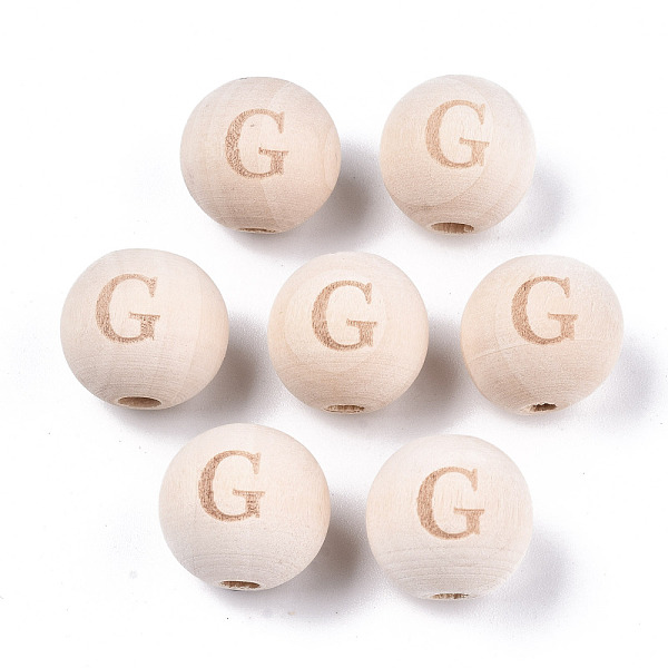 

PandaHall Unfinished Natural Wood European Beads, Large Hole Beads, Laser Engraved Pattern, Round with Word, Letter.G, 15~16x14~15mm, Hole...