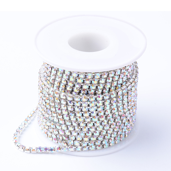 

PandaHall Brass Rhinestone Strass Chains, with Spool, Rhinestone Cup Chains, Silver Color Plated, Crystal AB, 3mm, about 10yards/roll...