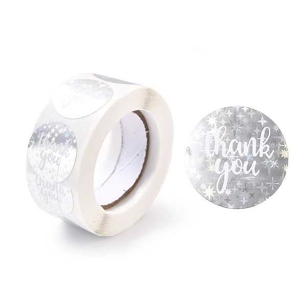 

PandaHall Thank you Stickers Roll, Self-Adhesive Paper Gift Tag Stickers, for Party, Decorative Presents, Flat Round , Silver, 25x0.1mm...