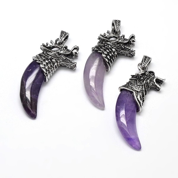 

PandaHall Antique Silver Zinc Alloy Natural Amethyst Big Pendants, Tusk Shape with Dragon, Lead Free & Nickel Free, 56~59x25x11.5mm, Hole...