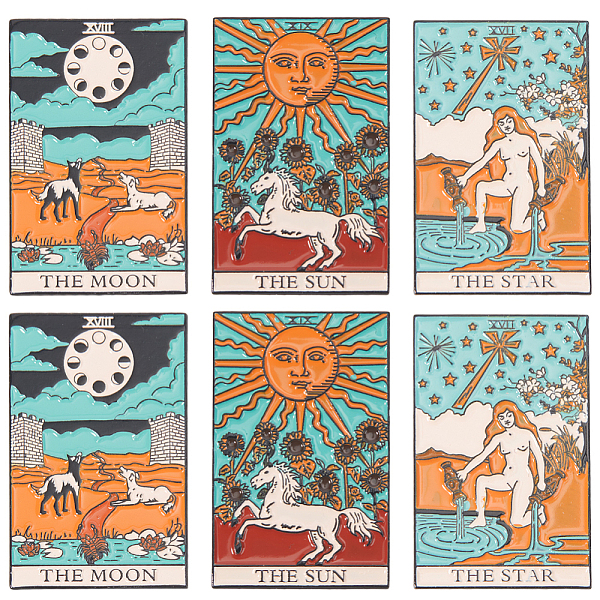 

PandaHall SUNNYCLUE 6Pcs 3 Style The Sun/Moon/Star Fashion Tarot Card Enamel Pin, Rectangle Black Alloy Brooch for Backpack Clothes, Mixed..., Multicolor
