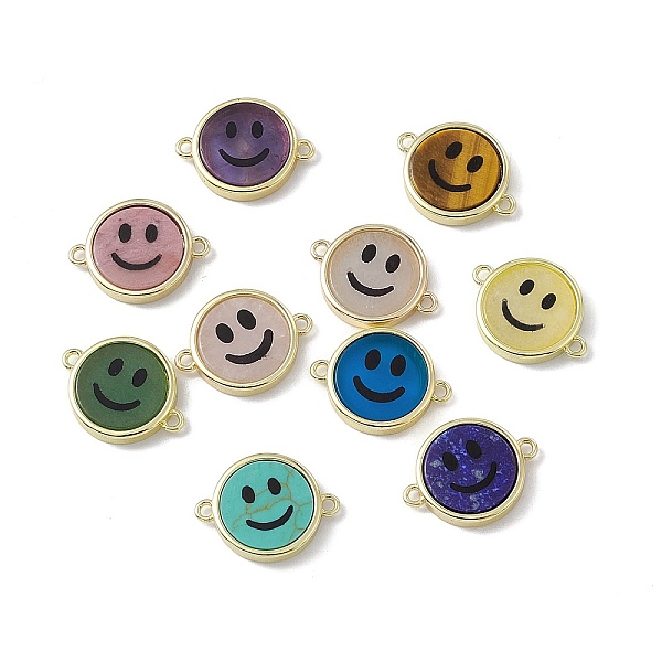 

PandaHall Natural & Synthetic Mixed Stone Connector Charms, Flat Round with Smiling Face Links, with Rack Plating Golden Tone Brass Findings...