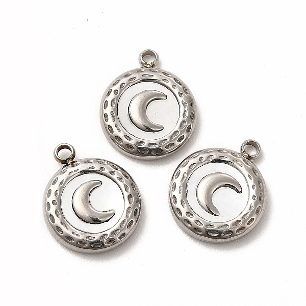 

PandaHall Natural White Shell Flat Round Charms, with 304 Stainless Steel Findings, Moon Pattern, Stainless Steel Color, 16x13x3mm, Hole...