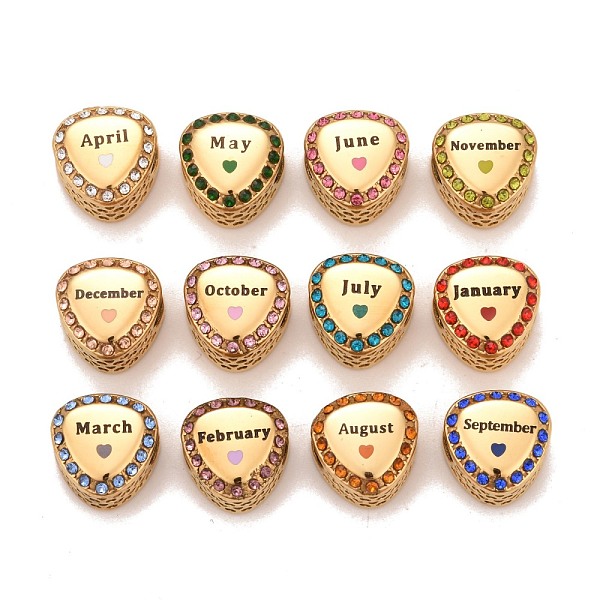 

PandaHall 12Pcs 12 Style 304 Stainless Steel European Beads Sets, Large Hole Beads, with Rhinestone and Enamel, Triangle with Month, Golden..., Multicolor