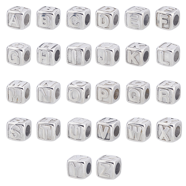 

PandaHall Unicraftale 26Pcs 26 Styles 316 Surgical Stainless Steel European Beads, Large Hole Beads, Cube with Letter, Letter A~Z, 8x8x8mm...