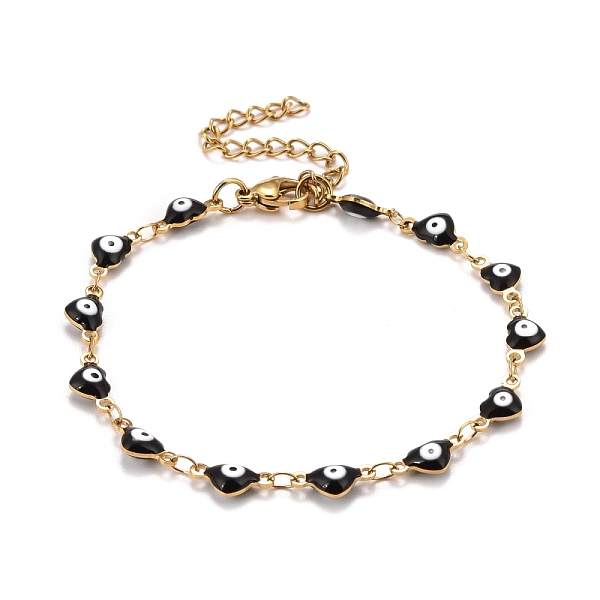 

PandaHall Enamel Heart with Evil Eye Link Chains Bracelet, Vacuum Plating 304 Stainless Steel Jewelry for Women, Golden, Black, 6-7/8 inch...