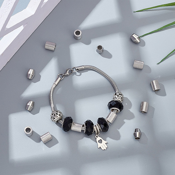

PandaHall Unicraftale 80Pcs 2 Style 201 Stainless Steel European Beads, Large Hole Beads, Column & Bicone, Stainless Steel Color, 9x7.3mm...