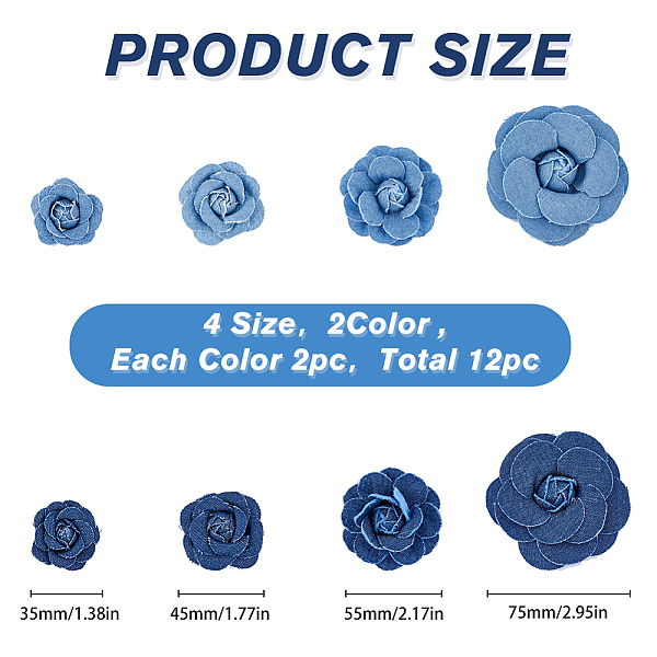 SUPERFINDINGS 16Pcs Fabric Flower Blue Denim Cloth Flowers 8 Style Camelia Sewing Flowers For Clothes Hairclips Decoration DIY Costume...