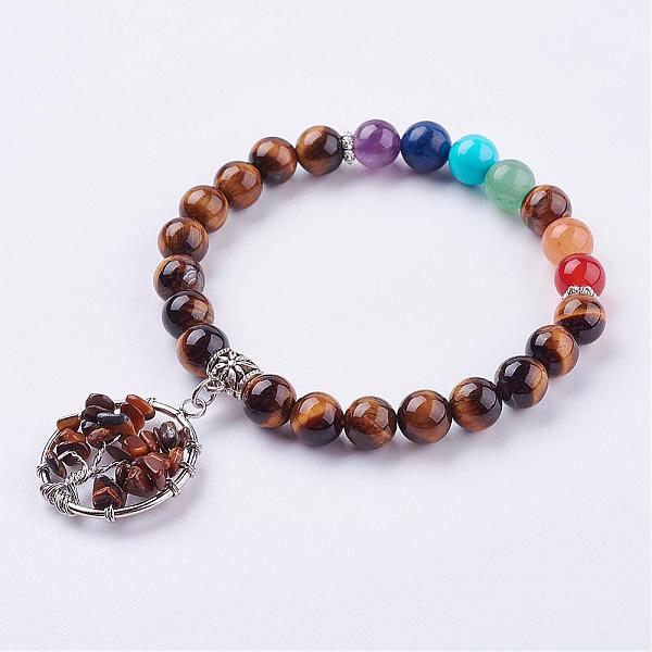 

PandaHall Gemstone Stretch Bracelets, with Tibetan Style Pendants, Tree of Life, 2 inch(52mm) Tiger Eye Orange