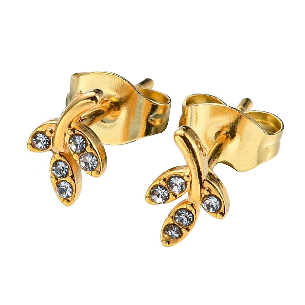 

PandaHall Vacuum Plating 304 Stainless Steel Stud Earrings with Rhinestone for Women, Leaf, Golden, 7x6mm Rhinestone Leaf