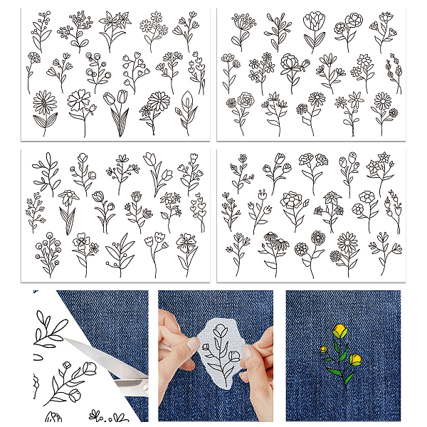 PandaHall 4 Sheets 11.6x8.2 Inch Stick and Stitch Embroidery Patterns, Non-woven Fabrics Water Soluble Embroidery Stabilizers, Flower...