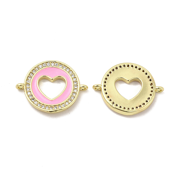 PandaHall Brass Micro Pave Clear Cubic Zirconia Connector Charms, with Enamel, Flat Round with Heart Links, Real 18K Gold Plated, Pink...