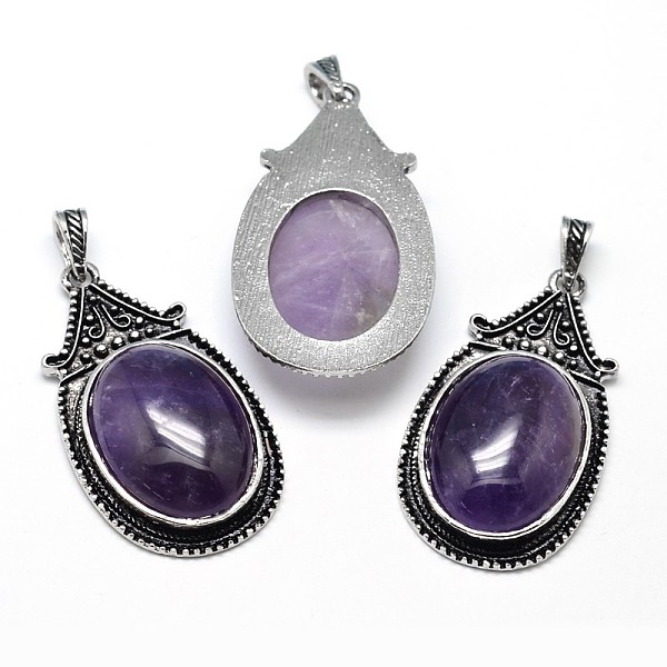 

PandaHall Oval Antique Silver Zinc Alloy Natural Amethyst Big Pendants, Nickel Free & Lead Free, 53.5x30x10mm, Hole: 4.5x8.5mm Amethyst Oval