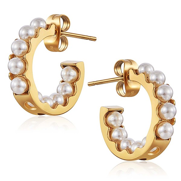 

PandaHall Shell Pearl C-shape Stud Earrings, 430 Stainless Steel Half Hoop Earrings for Women, Golden, 15x4mm, Pin: 1mm Shell Ring
