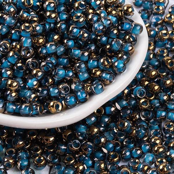 

PandaHall Glass Seed Beads, Inside Colours, Half Gilded Plated, Round, Deep Sky Blue, 4x3mm, Hole: 1.2mm, 6428pcs/pound Glass