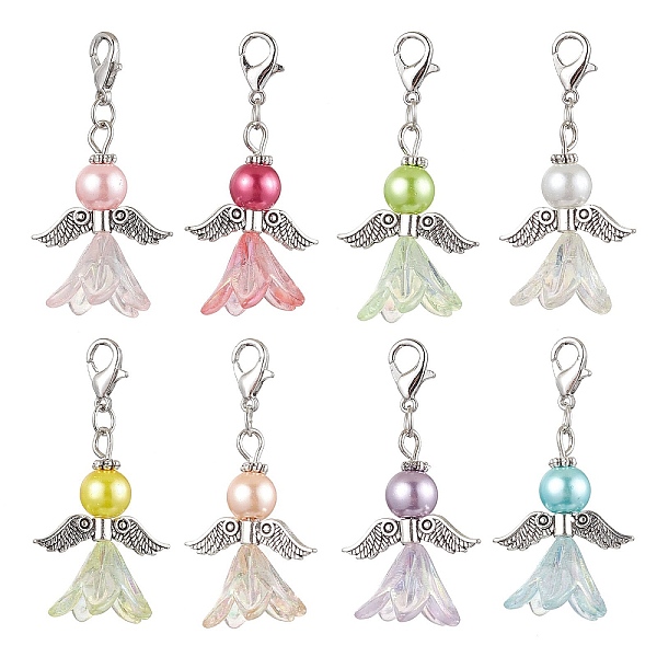 

PandaHall 8Pcs 8 Colors Wedding Season Angel Glass Pearl & Acrylic Pendant Decorations, Zinc Alloy Lobster Claw Clasps Charms for Bag Key..., Multicolor