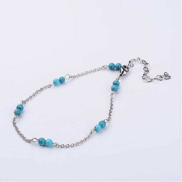 

PandaHall 304 Stainless Steel Chain Anklets, with Synthetic Turquoise Beads, 9-1/4 inch(235mm) Synthetic Turquoise