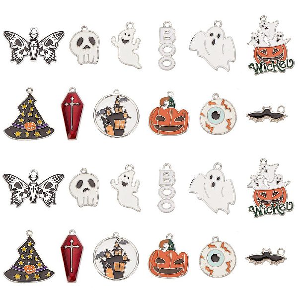 SUNNYCLUE 1 Box 24Pcs 12 Styles Halloween Charm Ghost Charm Bulk Gothic Charm Pumpkin Ghost Coffin Cross Skull Black Bat Charm for Jewelry Making Charms DIY Bracelet Necklace Halloween Party Decor