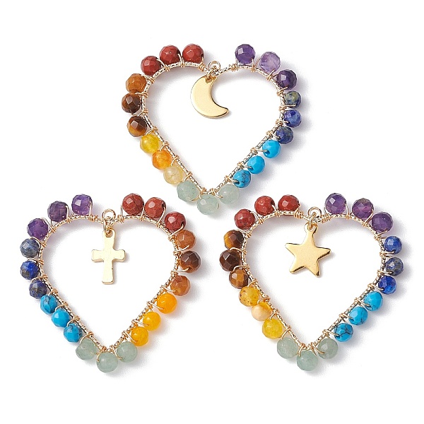 

PandaHall Chakra Gemstone Wried Round Bead Pendants, Heart Charms with Golden Plated Stainless Steel Findings, Mixed Shapes...