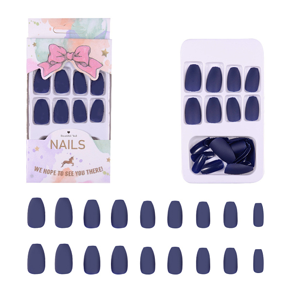 PandaHall Plastic False Nail Tips, Practice Manicure Nail Art Tool, Dark Blue, 17~23x7~14mm, about 24pcs/box Plastic Blue