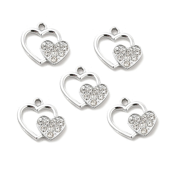PandaHall Alloy Rhinestone Pendants, Platinum Tone Double Heart Charms, Crystal, 16.5x18x2.5mm, Hole: 2mm Alloy+Rhinestone Heart Clear
