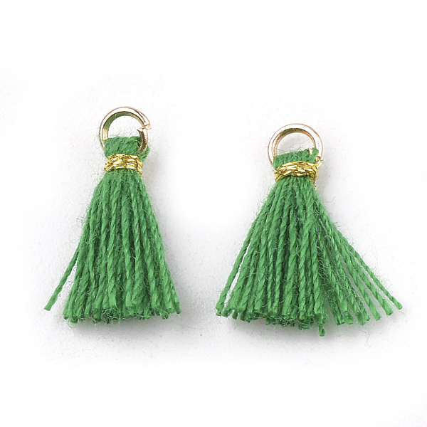 

PandaHall Polycotton(Polyester Cotton) Tassel Pendant Decorations, Mini Tassel, with Iron Findings and Metallic Cord, Light Gold, Medium Sea..., Green