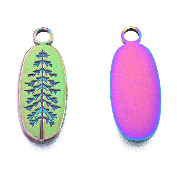 

PandaHall Ion Plating(IP) 201 Stainless Steel Pendants, Oval with Tree, Rainbow Color, 24x9.5x1.5mm, Hole: 2.5mm 201 Stainless Steel Oval