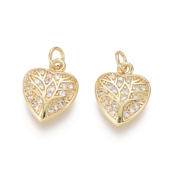 

PandaHall Golden Plated Brass Charms, with Cubic Zirconia and Jump Rings, Heart with Tree of Life, Clear, 12.5x10x2mm, Hole: 2.5mm...