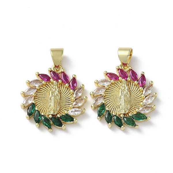 

PandaHall Rack Plating Brass Cubic Zirconia Pendants, Lead Free & Cadmium Free, Flat Round with Saint, Real 18K Gold Plated, 20x18x3mm, Hole..., Green