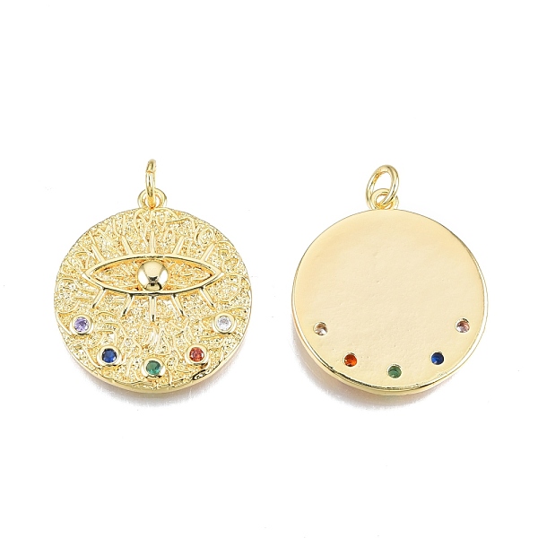 

PandaHall Brass Pave Cubic Zirconia Pendants, with Jump Rings, Nickel Free, Real 18K Gold Plated, Flat Round with Eye, Colorful, 27x24.5x3mm...