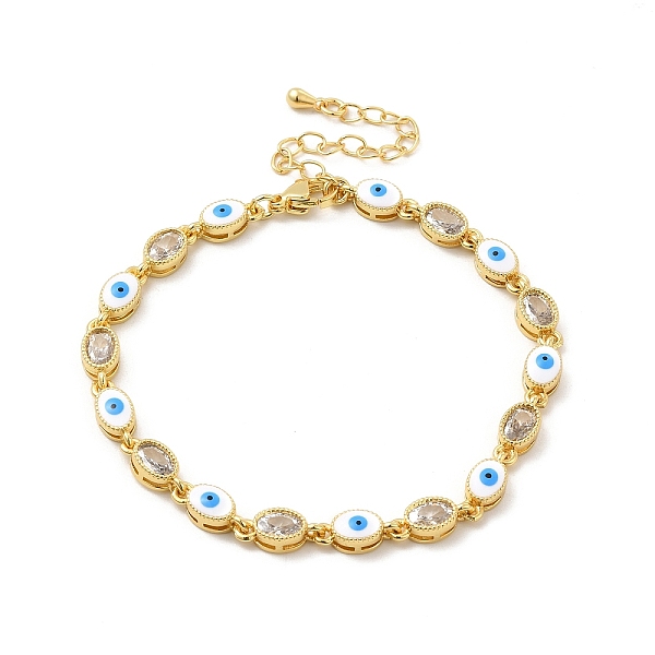 

PandaHall Enamel Evil Eye & Glass Oval Link Chain Bracelet, Golden Brass Jewelry for Women, White, 7-1/4 inch(18.3cm) Glass White