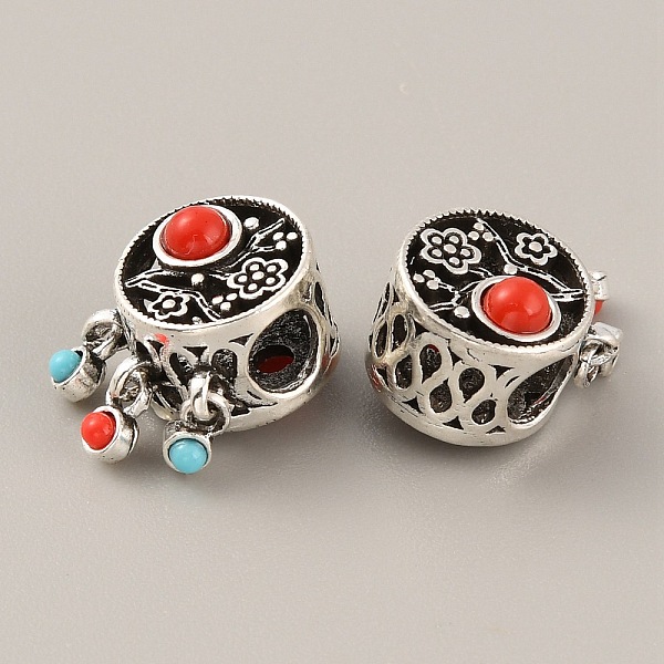 

PandaHall Tibetan Style Alloy European Dangle Charms, Large Hole Pendants, with Synthetic Turquoise Beads, Flat Round with Plum Blossom...
