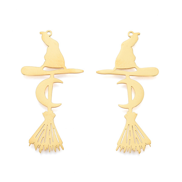 

PandaHall Halloween 201 Stainless Steel Big Pendants, Laser Cut, Witch Hat with Witch Broom, Real 18K Gold Plated, 57x27.5x1mm, Hole: 1.5mm...