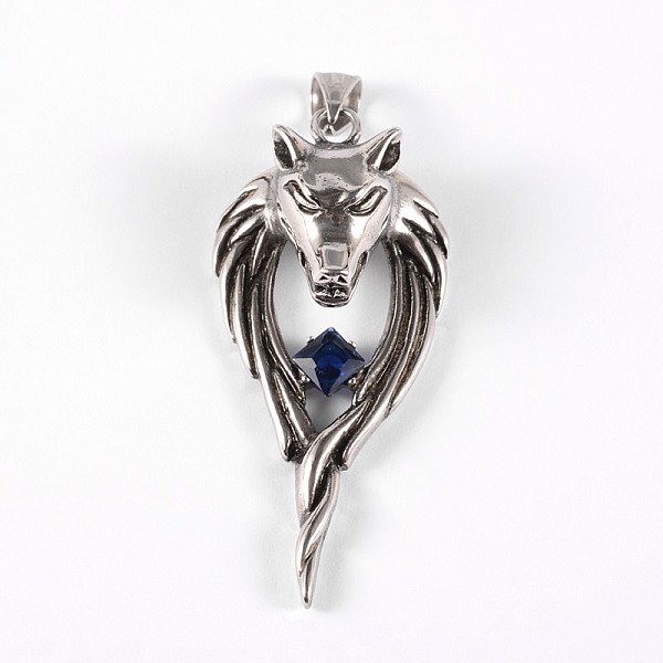 

PandaHall 316 Surgical Stainless Steel Sapphire Big Pendants, Wolf, 59x27x15mm, Hole: 8x5mm Stainless Steel+Rhinestone Other Animal Blue