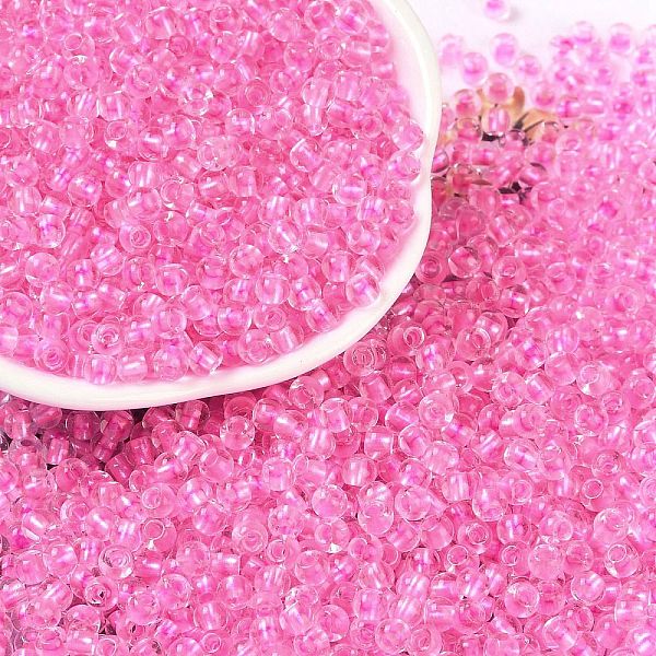 

PandaHall Transparent Inside Colours Glass Seed Beads, Round Hole, Round, Pearl Pink, 4x3mm, Hole: 1.4mm, about 6428pcs/pound Glass