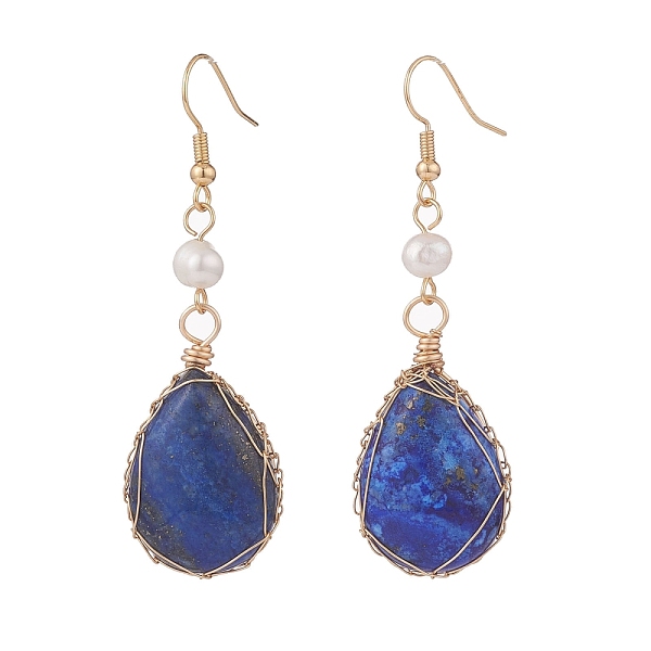 

PandaHall Natural Lapis Lazuli Teardrop Dangle Earrings with Natural Pearl, Brass Wire Wrap Drop Earrings for Women, Golden, 62mm, Pin...