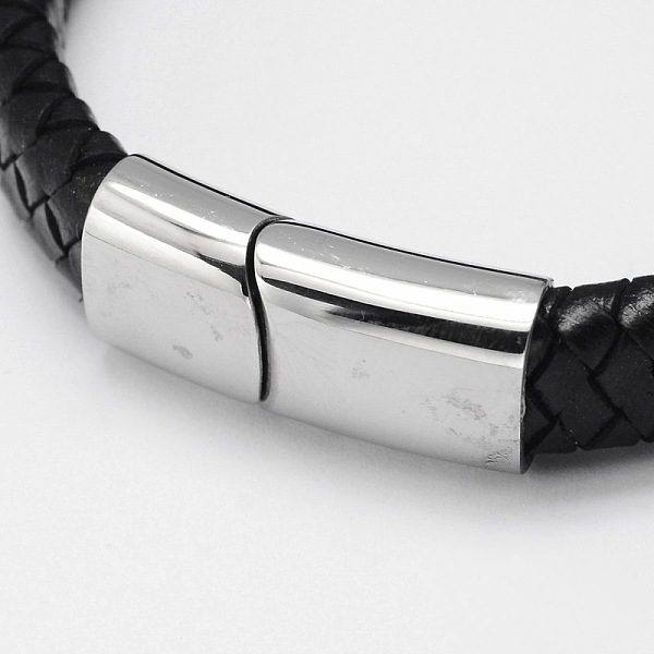 

PandaHall Braided Leather Cord Bracelets, with 304 Stainless Steel Magnetic Clasps, Stainless Steel Color, 205x12x6mm Leather Black