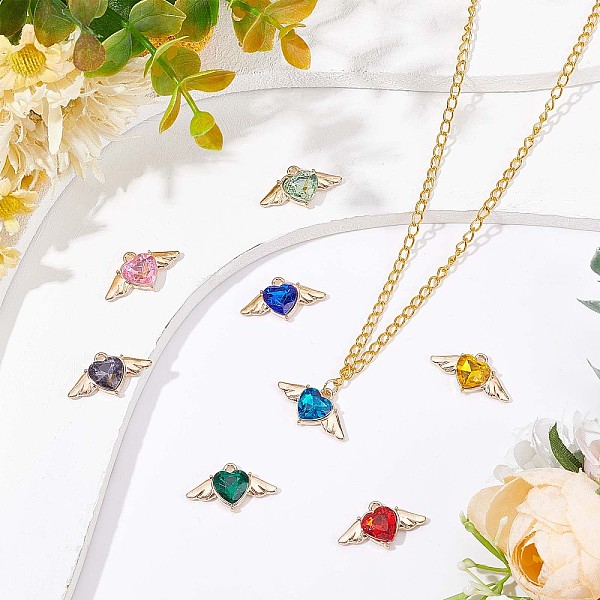 

PandaHall SUPERFINDINGS 40Pcs 10 Colors Heart with Wings Rhinestone Charms CZ Stone Heart Links Charms Birthstone Love Heart Bead Pendant..., Multicolor