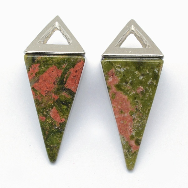 

PandaHall Natural Unakite Pendants, with Alloy Findings, Triangle, Platinum, 34x14x14.5mm, Hole: 4x6mm Unakite Triangle