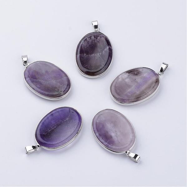 

PandaHall Natural Amethyst Massage Pendants, with Brass Findings, Oval, Platinum, 40x26~27x5~6mm, Hole: 6x3mm Amethyst Oval