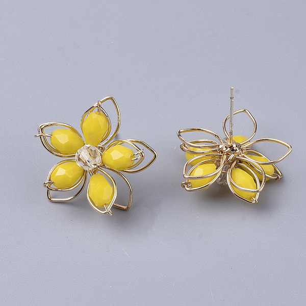

PandaHall Glass Stud Earrings, with Glass and Golden Plated Iron Findings, Flower, Gold, 19x20mm, Pin: 0.7mm Glass Gold
