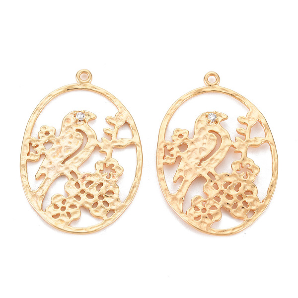 

PandaHall Brass Micro Pave Clear Cubic Zirconia Pendants, Nickel Free, Oval with Bird, Real 18K Gold Plated, 31x21x1.5mm, Hole: 1.4mm...