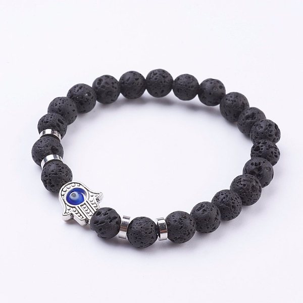 

PandaHall Natural Lava Rock Stretch Bracelets, with Tibetan Style Frame Links and Evil Eye Lampwork Round Bead, Hamsa Hand/Hand of..., Black