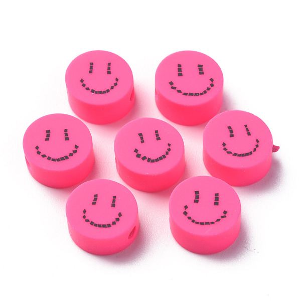 PandaHall Handmade Polymer Clay Beads, for DIY Jewelry Crafts Supplies, Flat Round with Smiling Face, Deep Pink, 9x4~5mm, Hole: 1.6mm...