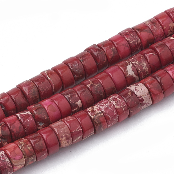 

PandaHall Synthetic Imperial Jasper Beads Strands, Heishi Beads, Flat Round/Disc, Red, 6~6.5x3~3.5mm, Hole: 1mm, about 113pcs/strand, 15.5...
