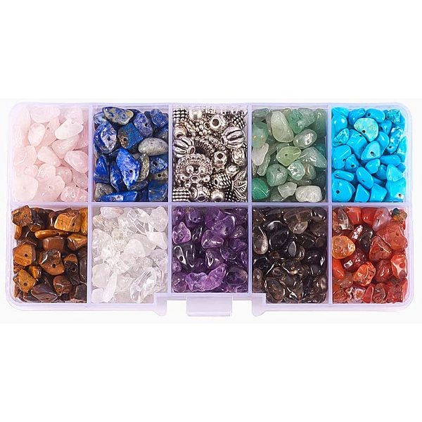 

PandaHall 1 Box 10 Style Irregular Gemstone Chip Beads with Antique Silver Mixed Style Tibetan Style Alloy Bead Caps and Tibetan Style...