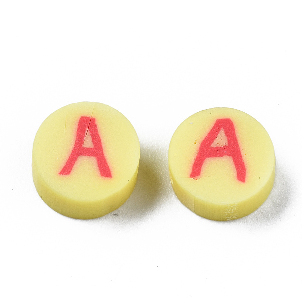 

PandaHall Handmade Polymer Clay Beads, Flat Round with Alphabet, Champagne Yellow, Letter.A, 9x3.5~5mm, Hole: 1.6mm Polymer Clay Letter A