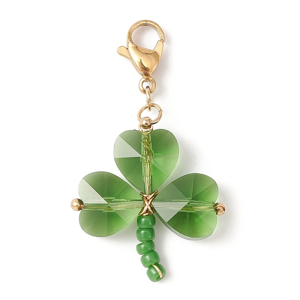 

PandaHall Glass Beads Pendants Decorations, with 304 Stainless Steel Lobster Claw Clasps and Solid Round Brass Beads, Clover, Green, 41mm...