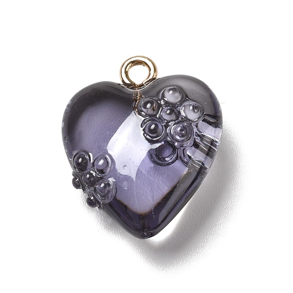 

PandaHall Transparent Resin Pendants, with Golden Tone Iron Loops, Heart with Flower, Indigo, 20x17x8.5mm, Hole: 2mm Iron+Resin Heart Purple