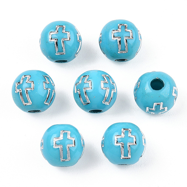 

PandaHall Plating Acrylic Beads, Silver Metal Enlaced, Round with Cross, Pale Turquoise, 8mm, Hole: 2mm, about 1800pcs/500g Acrylic Round..., Cyan